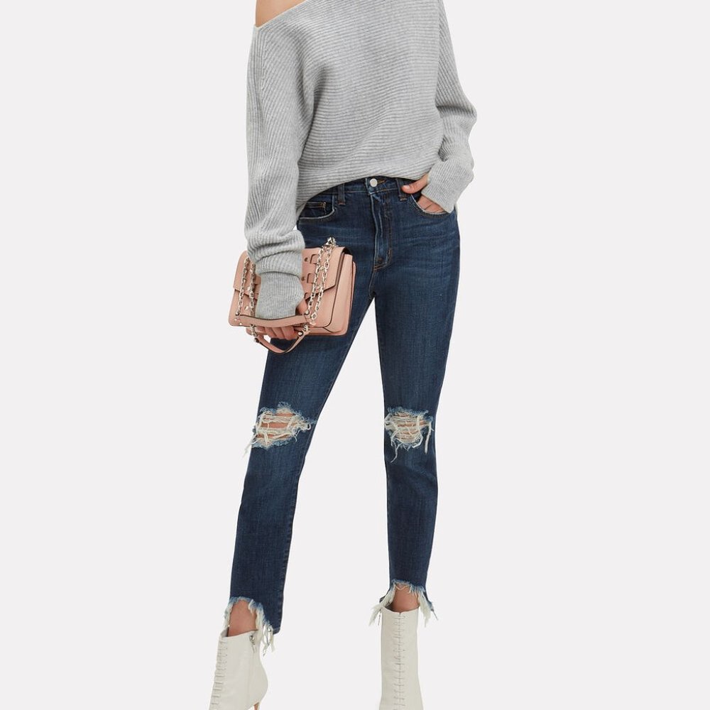L'Agence Highline High Rise Slim Knee Tear Raw Chewed Hem Jean, Dark